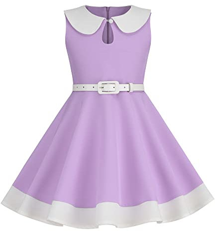 IWEMEK Robe Rockabilly Swing Vintage Année 50 60 Fille Robe de Soirée Col Peter Pan avec Ceinture Pin Up Rétro 1950 Audrey Hepburn Robe de Cocktail Cérémonie Mariage Anniversaire Violet 7-8 Ans