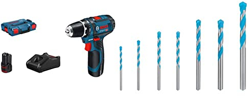 Bosch Professional 12V System Akku-Bohrschrauber GSR 12V-15 (inkl. 1x 2.0 Ah Akku, Ladegerät GAL 12V-40, in L-BOXX) + 7x Expert CYL-9 MultiConstruction Bohrer Set (für Beton, Ø 4-12 mm, Zubehör)