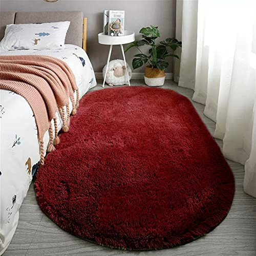 Reyox Teppich Oval Hochflor Shaggy rutschfest Pflegeleicht, Flauschig Weich Langflor Teppich für Wohnzimmer Schlafzimmer Bettvorleger Weinrot 120 x 180 cm
