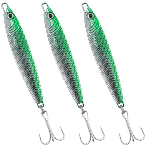 Dr.Fish Metal Sea Fishing Lures Sliver Green Minnow Spoon Lures Set of 3 Sea Fishing Tackle Mackerel Cod Sea Bass Pike Stinger Spinner Lures Metal Jigs 30g