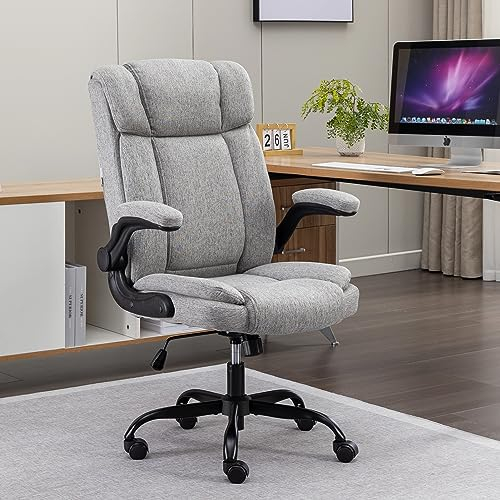 LIYURUI Bürostuhl Ergonomischer 150KG Belastbarkeit Chefsessel Stoff Flip-up Armlehnen/110° Schaukeln Chefsessel mit Hoher Rückenlehne und Breitem Sitz Schreibtischstuhl, Grau