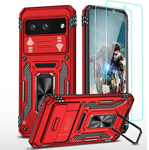 YmhxcY Hülle für Google Pixel 7,2 Stück Explosionsgeschützte Membran,Schutzhülle Militär Standard,Kameraklappe,360° Drehbare Metall Halterung, Passend für Google Pixel 7-Rot