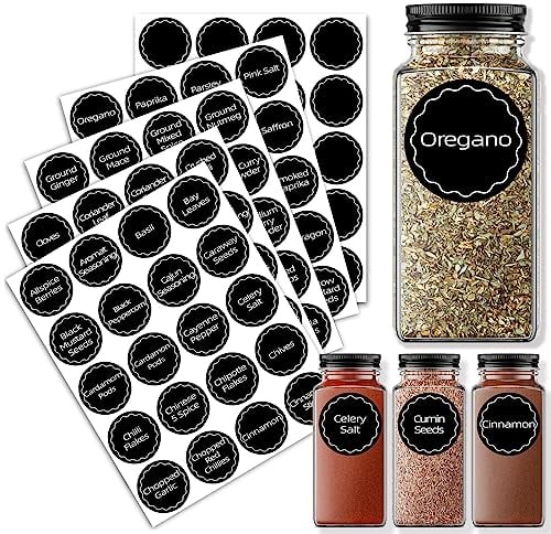 Spice Labels for Jars, Pre Printed Waterproof Self Adhesive Stickers for Kitchen Organization and Pantry Storage, Washable Reusable Tear-Proof Black Seasoning Sticker, 80 Pcs + 20 Free Blank Labels