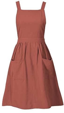 Pinknoke Cotton Linen Pinafore Apron Dress for Women with Pockets Cute Art Chef Aprons for Kitchen Baking Gardening Painting, Burnt Orange, Medium