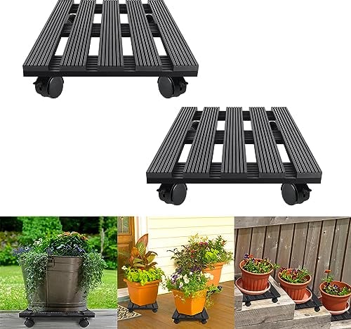 YRHome 2er WPC Pflanzenroller Eckig 30x30cm Tragkraft 100kg Blumenroller Rollbrett Pflanzen Blumentopf für Außen und Innenbereich Untersetzer mit Rollen Feststellbar für Pflanzen, Anthrazit
