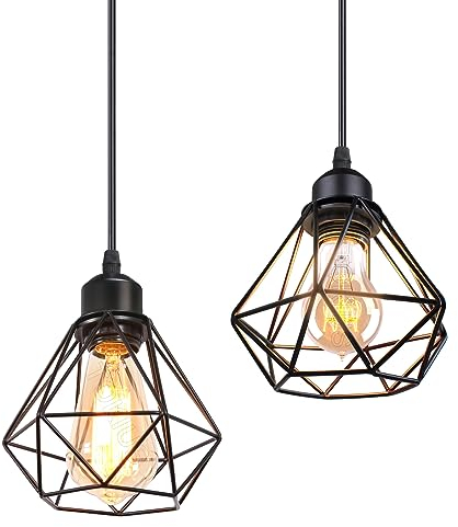 TOKIUS Pendelleuchte Vintage Industrial Hängelampe mit Geometrischem Design E27 Lampe aus Eisen Käfig Lampenschirm Schwarz Hängeleuchte für Esstisch Küche (Pendellampe 1-flammig, Ø 16cm, 2 Stücke)