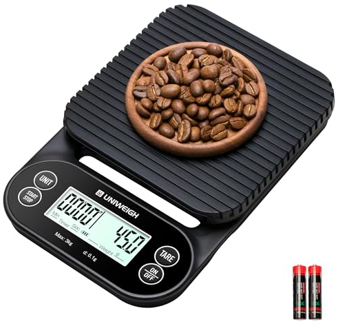 UNIWEIGH Kaffeewaage mit Timer 3kg/0,1g,Hochpräzise Espressowaage mit Timer/Auto off/Tara Funktion,Digitale Kaffeewaage für Pour Over Drip Kaffee,Mit LCD Display (Batterien enthalten)
