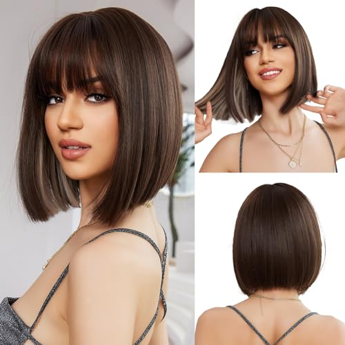 OUFEI Braune Bob Perücke Kurze Gerade Perücke für Frauen Synthetisches Haar Perücken Cosplay Tägliche Party Verwendung