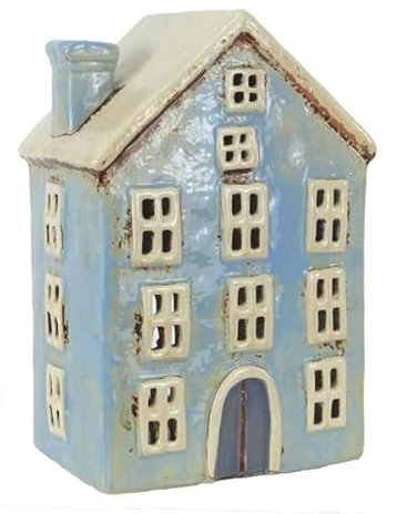 mucHome Windlicht Haus für Teelicht aus Keramik Teelichthaus Lichthaus (Hellblau 12,5x9x18cm)
