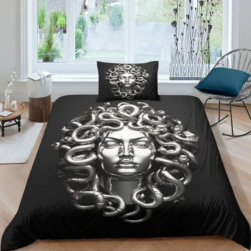 ITOMEN Moderne Medusa 3D Gedruckter Kunst Bettbezug Set Für Kinder Mädchen Jungen Bettwäschegarnitur Weich Microfaser Reissverschluss Und Kissenbezüge Bettwäsche 2 Teilig Single(135x200cm)