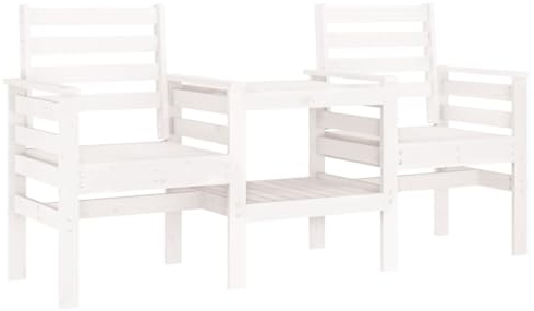 vidaXL Gartenbank, 2-Sitzer Bank mit Tisch Ablage, Sitzbank Parkbank mit Latten-Design, Holzbank Gartensessel Gartenmöbel, Weiß Massivholz Kiefer