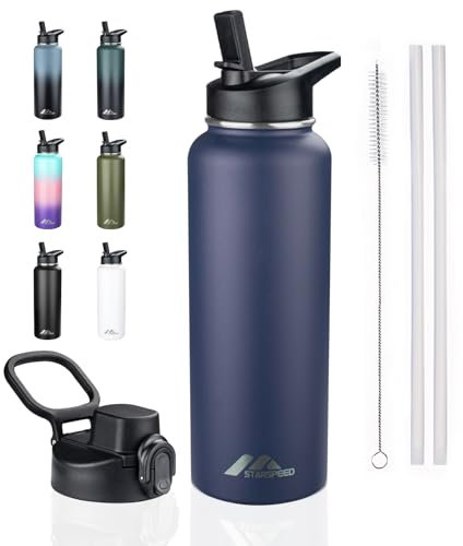 StarSpeed 40oz Insulated Water Bottle with Straws & 2 Lids, Stainless Steel Double Walled Vacuum Water Flask, Wide Mouth Sports Water Bottle for Gym Camping Hiking, Navy Blue