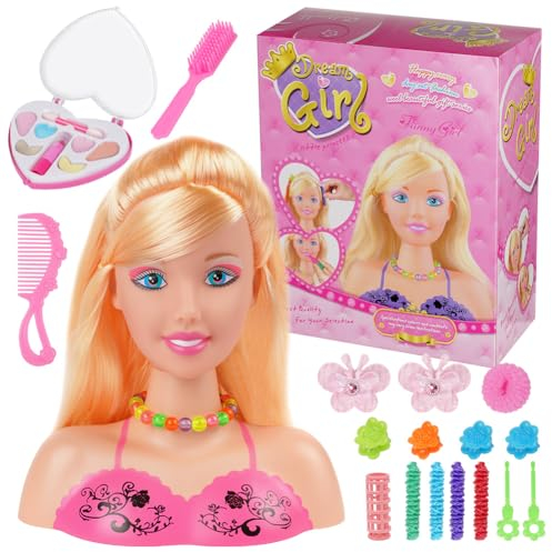 HOTUT Testa in Stile Bambola, Testa da Truccare e Pettinare con 17 Accessori Colorati, Testa Pettinabile con Capelli Biondi, Decorazioni da Colorare Bambola Accessori, Giocattolo per Bambini 3+ Anni
