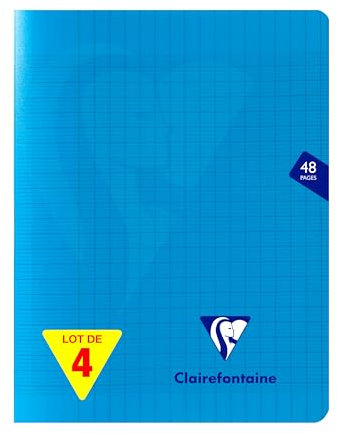 Clairefontaine 323751AMZC Un lot de 4 Cahiers Agrafés Mimesys - 17x22 cm - 48 Pages Grands Carreaux - Papier Blanc 90 g - Couverture Polypro - Couleur : Bleu