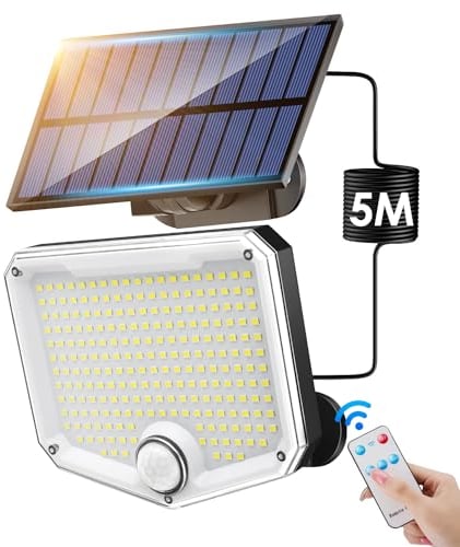Focos LED Exterior Solares, 222 LED+2000LM Luz Solar Exterior Jardin Farolas Solares Exterior, 3 Modos IP65 Luces Solares LED Exterior Jardin, 2200mAh Foco Solar Exterior, Remoto Farola Solar Exterior