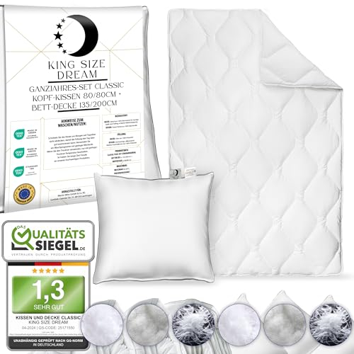 KING SIZE DREAM Classic Kissen + Bettdecke Set 135x200 & 80x80 |Anti-Allergisch| Decke/Duvet & Kopfkissen / 4 Jahreszeiten