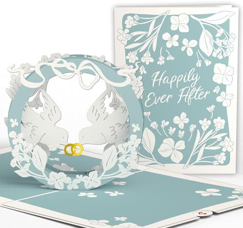 Lovepop® 3D Pop-Up Hochzeitskarte Happily Ever After hellblaue Premium Karte zur Hochzeit mit Tauben und Ringen | inkl. Umschlag & Versteckfach für Geld & Gutscheine