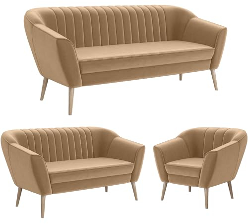 MEBLINI Mini Sofa Set 3-2-1 für Wohnzimmer - Mini Lounge für sechs Personen - Küchensofa - Sofa Klein - Sitzgarnitur - Polstergarnitur - Sofagarnituren - KAIA - 3+2+1 - Beige Samt