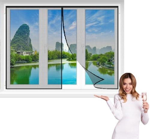 Fliegengitter Fenster 200x205cm Schwarz Insektenschutz ohne Bohren mit Alurahmen Spannrahmen Mückenschutz Mückengitter kein Bohren oder Schrauben Moskitonetz anbringen mit Magneten