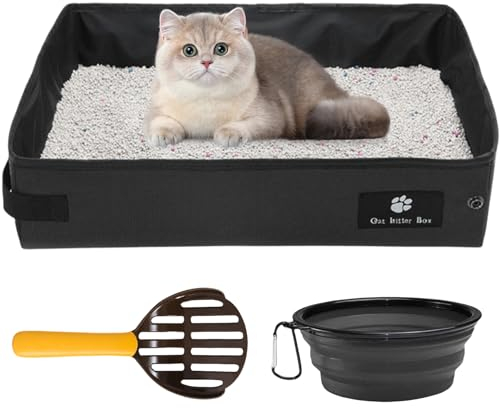 Litière pliable pour chat - 40 x 30 cm - Portable - Pour les voyages - Portable - Imperméable - Avec 1 bol pliable et 1 pelle - Noir