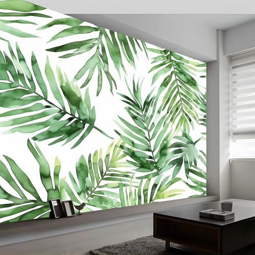 Papier Peint Panoramique Plante Aquarelle Feuilles De Palmier 3D Peinte Vert Intissé Murale, 250 x 175 cm (L x H) Photo Murale pour Salon Chambre d'enfants restaurant Décoration Murale