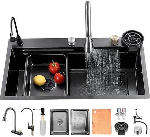 KOOGIMDDR 80cm grande x 50cm Largo cmlavello cucinamultifunzione 1 vasca, Lavello da cascata nero, moderno set di lavello da incasso, per uso domestico, idropulitrice, tagliere