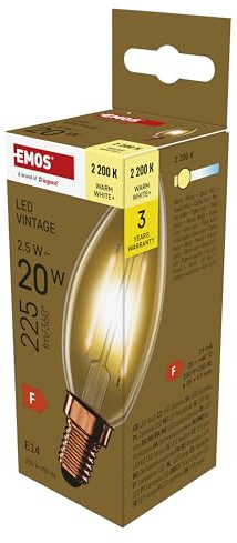 EMOS LED Lampe Vintage Edison Candle, 2,5W Ersatz für 20W Glühbirne, Amber Glaskolben mit E14 Sockel, Helligkeit 225 lm, Warmweiß 2200 K, 25000 Stunden Lebensdauer, CRI min. 80, 320° Abstrahlwinkel