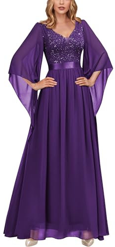MIUSOL Women's Elegant Sequin Insert Lace Sheer Chiffon Deep V Neck Flare Sleeve Evening Prom Formal Long Dress (XX-Large, Purple)