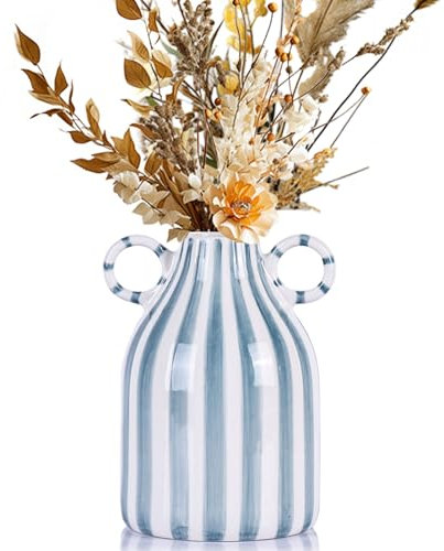 XMGZQ Gestreifte Vasen für Heimdekoration, kleine Keramikvase mit Griff, Einzelvase, moderne Blumenvase, Mitte des Jahrhunderts, Schlafzimmer, Wohnzimmer, Badezimmer, Tafelaufsatz (Grün und Weiß)