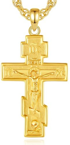 INFUSEU Orthodoxes Kreuz Kette, 925 Sterling Silber 18K Gold Anhänger Jesus Orthodoxe Christlich Schmuck Katholische Religiöse Halskette Schutz für Männer Frauen
