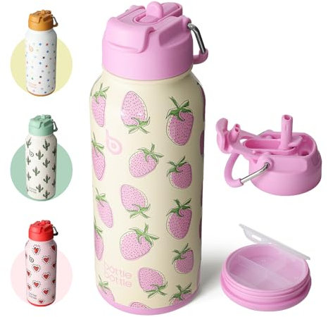 BOTTLE BOTTLE 32oz Insulated Water Bottle Stainless Steel Sport Water Bottle with Straw Dual-use Lid Design for Gym with Pill Box (Sweet Berry)