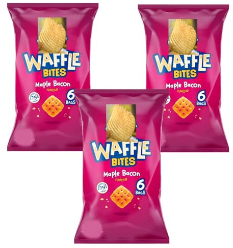 Seabbrrook Waffle Bites Variety Chips Bag 6 x 16g – Extra Cheesy, Salt & Vinegar, Maple Bacon & Hot & Spicy Multipack (3, Maple Bacon)