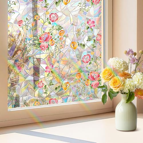 Blume Fenster Sichtschutzfolie, Glasmalerei Fenster Film, florale statische Cling Aufkleber, dekorative Regenbogen Glas Abziehbilder, nicht klebende Fenster Abdeckung für Haus Büro Tür Dekor, 40x100cm