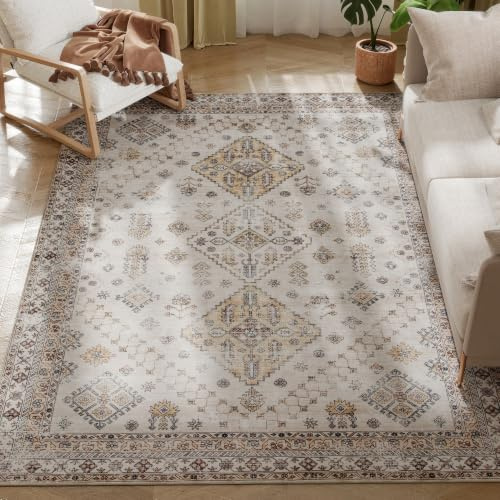 HOMCOM Vintage Area Rug Flannel Non-Slip Washable Rug 230 x 160 cm Beige | Floor Carpet, Living Room, Bedroom, Dining Room, Home Office