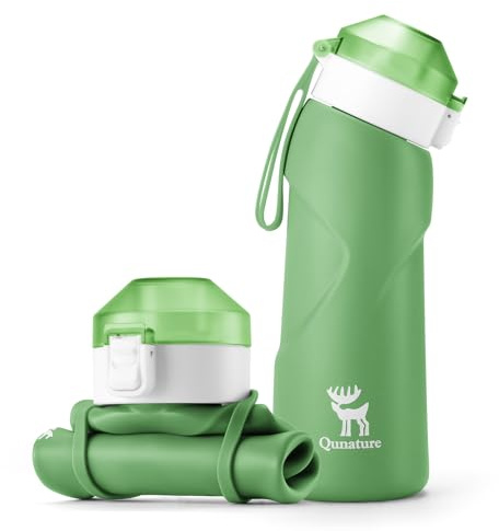 Qunature Borraccia Morbida Pieghevole 700ml, Bottiglia d'Acqua in Silicone Senza BPA, Prova di Perdite, Leggera e Portatile, Adatta per Campeggio, Corsa, Escursionismo, Trekking, Verde