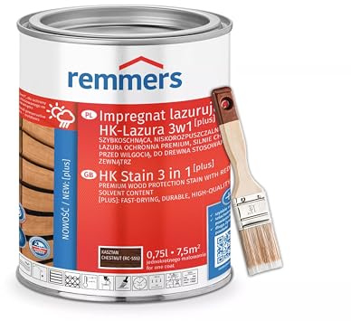 RemmersSet HK-Lasur 3in1 Plus + Pinsel Bandloo Set – Holzlasur für Außenbereich: Imprägnierung, Grundierung & Lasur in einem, Schutz vor Feuchtigkeit & UV-Strahlung, Varnish (Kastanie, 0,75 L)