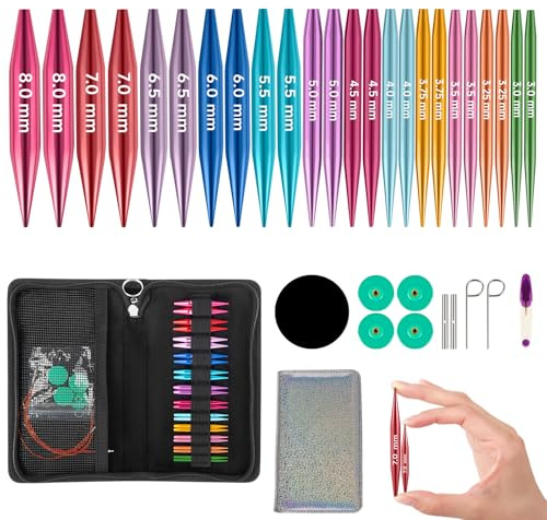 Kurze Rundstricknadeln Set Austauschbar, 5cm Mini Austauschbare Stricknadeln mit Tasche und Zubehör, 12 Nadeln 3–8 mm Durchmesser, 4 Kordeln 15–55 cm lang, Aluminium Häkelnadel Set (12 Paare, 5 cm)