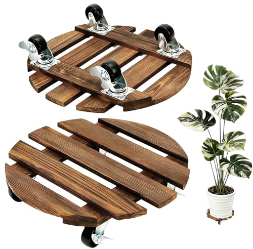 Holz Rollbrett Pflanzen, Pflanzenroller Holz Rund, 2 Stück Pflanzenroller Rund, mit 360° Feststellbare Räder, Tragkraft bis 120 kg, Pflanzenrollers Outdoor Wetterfest, für Pflanzenständer(Holzfarbe)