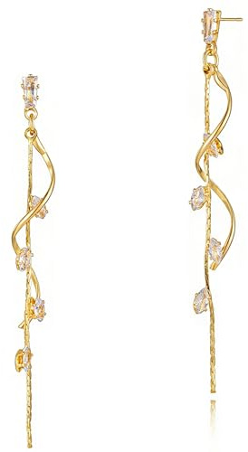 Asdecy 14K Gold Vergoldet, Silber, Rosegold Ohrringe Hängend Damen | Gedrehtes Kurvendesign, Filigrane Kette, Zirkonia-Quastenstil, Glatt Poliert, Brautschmuck für Hochzeit und Party
