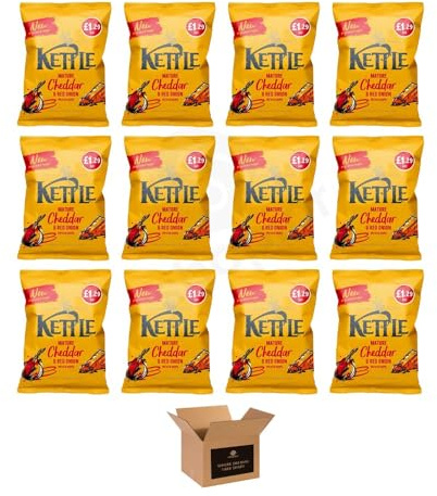 Kettle Chips Variety Flavoured Potato Crisps Snacks – Hand Cooked Thick Cut Crispy | Sea Salt, Balsamic Vinegar & more – Crunchy Vegetarian (Mature Cheddar & Red Onion - 80g x 12Pack)
