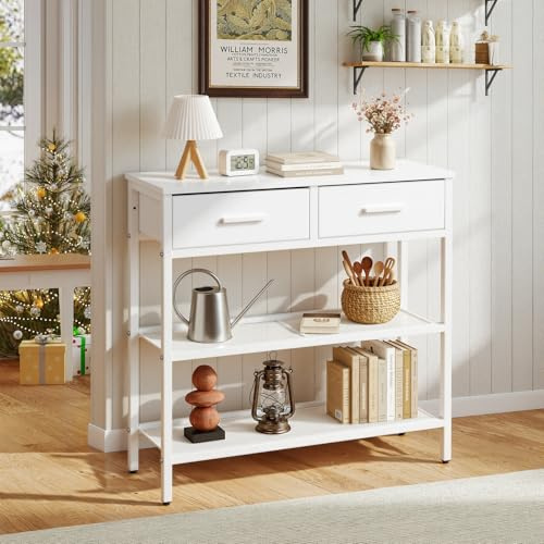 Panana Slim Console Table,Hallway Table 75x24x76.5cm,White | 2 Non-woven Drawers & 2 Shelves, 3-Tier Sofa Table with Storage for Small Spaces, Living Room, Office
