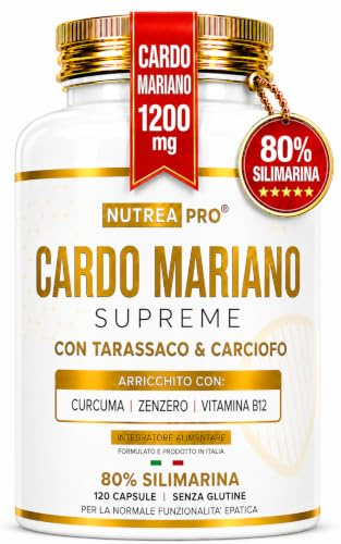 Cardo Mariano Tarassaco e Carciofo + Curcuma e Zenzero | 1200 mg di Cardo Mariano Fegato | 80% di Silimarina 960 mg | 120 Cps Made In Italy | detox fegato grasso disintossicante forte NUTREA PRO®