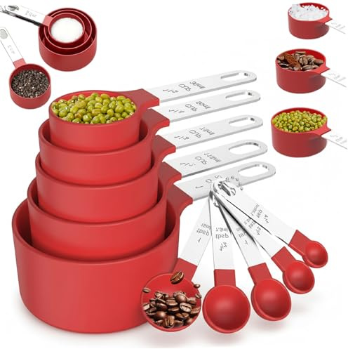 10PCS Measuring Cups and Spoons, Clear Scale Food Grade Kitchen Measuring Set with Stainless Steel Handle Stackable & Rustproof for Baking, Cooking, Red, Spoons and Cups