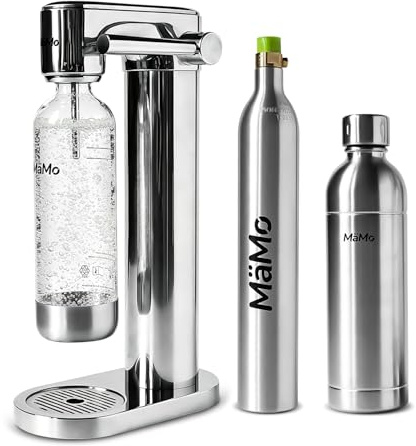 Mämo Wassersprudler Set - Edelstahl, CO2 & 2 Flaschen, Silber | Silbernes Design. Inkl. 1L Edelstahl-PET, 1L Voll-Edelstahlflasche & CO2-Zylinder. Für perfektes Sprudelwasser ohne Strom.