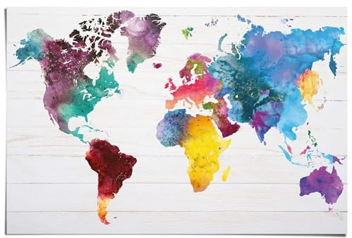 REINDERS Poster Weltkarte in Wasserfarben - World Map Watercolor Aquarell - Bild Maxi groß 91,5 x 61 cm, mehrfarbig, 25406