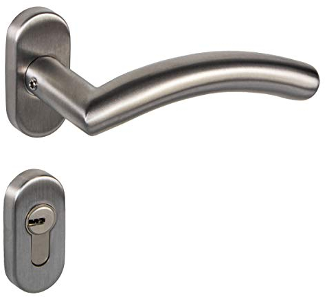 Gedotec Türgriff Türdrücker Türbeschlag Edelstahl L-Form auf Oval-Rosette | Modell Vienna | Drückergarnitur Oval PZ - Profilzylinder | 1 Türgarnitur - Türbeschläge - Türknauf Drehbar