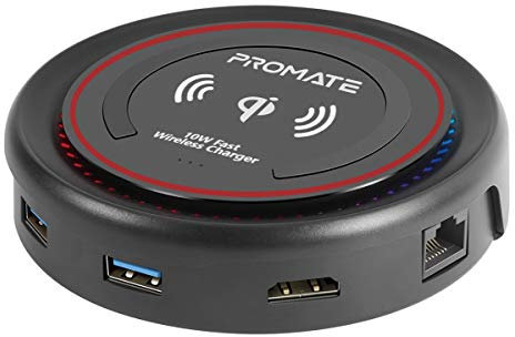Promate USB C Hub mit Qi Wireless-Ladegerät, USB Type-C -Dockingstation mit 100 W Type-C -Leistung, HDMI 4K, Dual USB 3.0-Anschluss, 1000 Mbit/s Ethernet-Anschluss