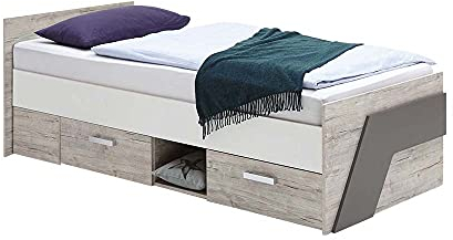 Lomadox Jugendbett Kojenbett Einzelbett 90x200cm in Eiche weiß Lava, 2 Schubkästen & Regalfach