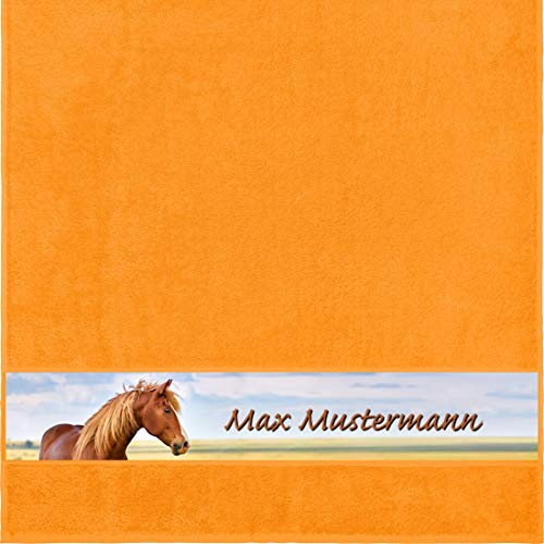 Manutextur Duschtuch mit Namen - personalisiert - Motiv Tiere - Pferd - viele Farben & Motive - Dusch-Handtuch - orange - Größe 70x140 cm - persönliches Geschenk mit Wunsch-Motiv und Wunsch-Name