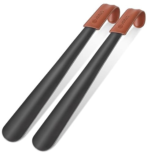 ZOMAKE Chausse Pied Long Metal 42cm, Grand Chausse-pied en Acier Inoxydable Shoe Horn Avec Étui en Cuir,Chaussé Pied Facile à Utiliser(2 Pièces Noir)